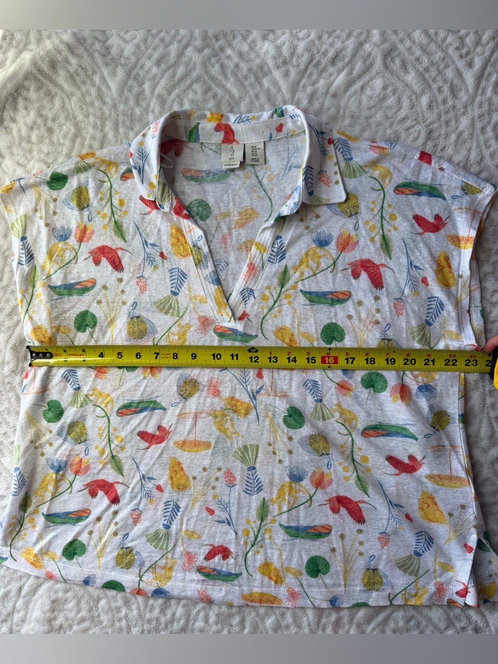 Joie Women’s XL 100% Linen Floral Bird Print Sleeveless Collared Top Coastal - Picture 7 of 8
